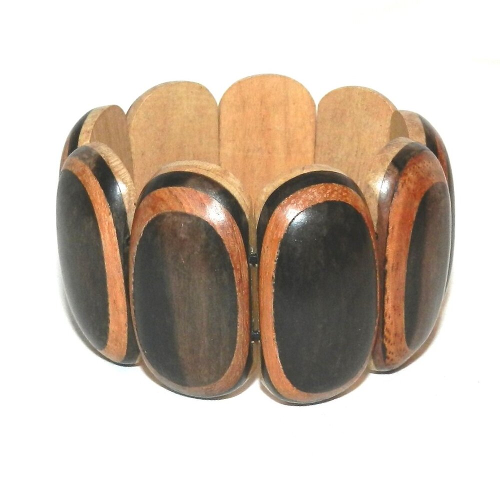 Wood Laminated Domed Flat Oval 43mm Bead 7-1/2" Elastic Stretch Bracelet BR489